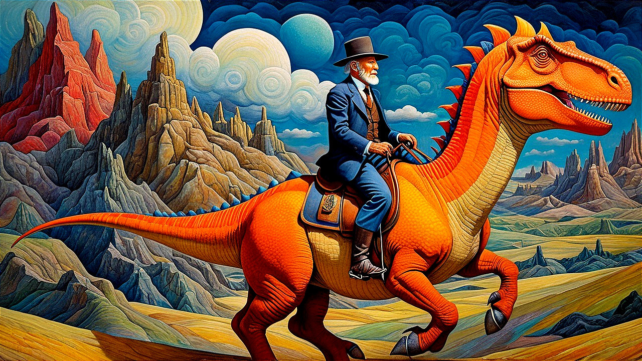 Surreal Landscape with Man Riding Orange Dinosaur