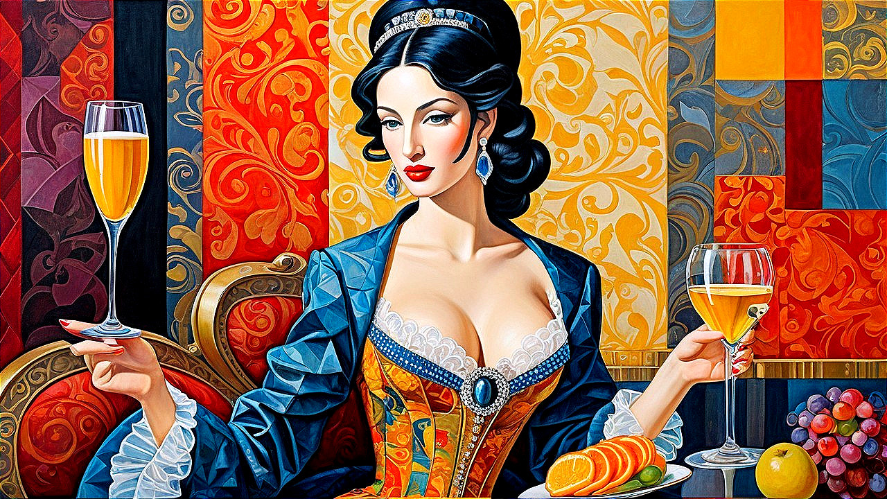 Glamorous Woman in Elegant Dress with Drinks and Patterns