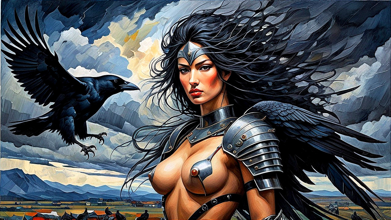 Fierce Warrior Woman in Intricate Armor with Raven