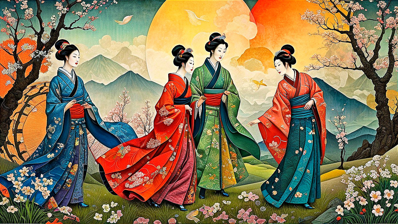 Elegant Women in Kimonos Amid Cherry Blossoms