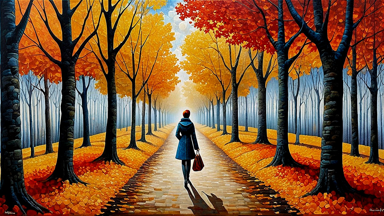 Digital Painting of Woman Walking in Autumn Forest