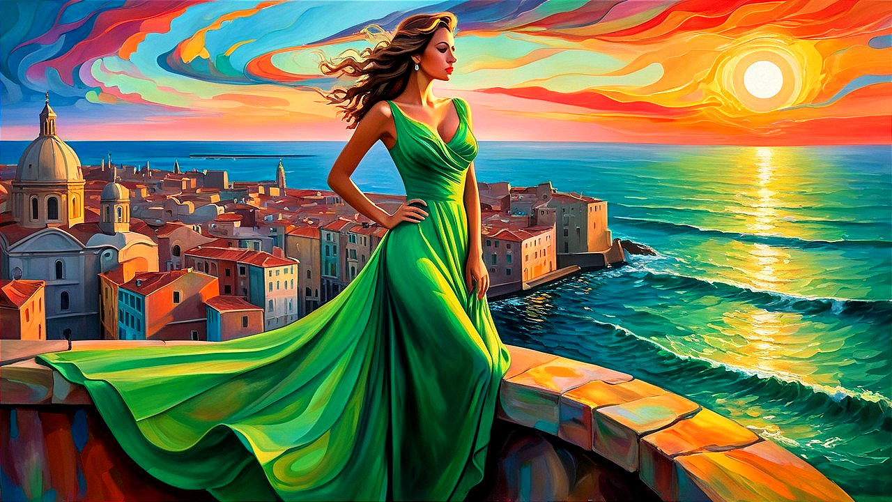 Woman in Green Dress Overlooking Sunset and Ocean