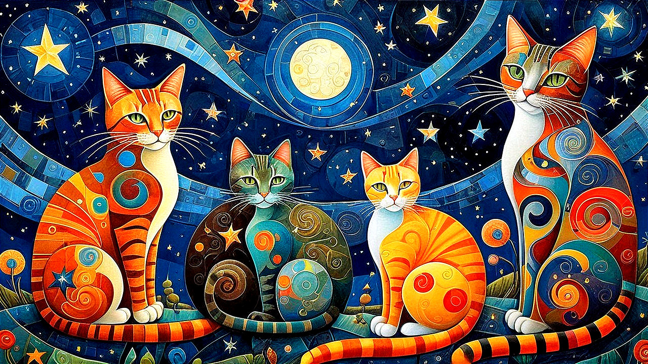Colorful Cats Under a Starry Night Sky Scene