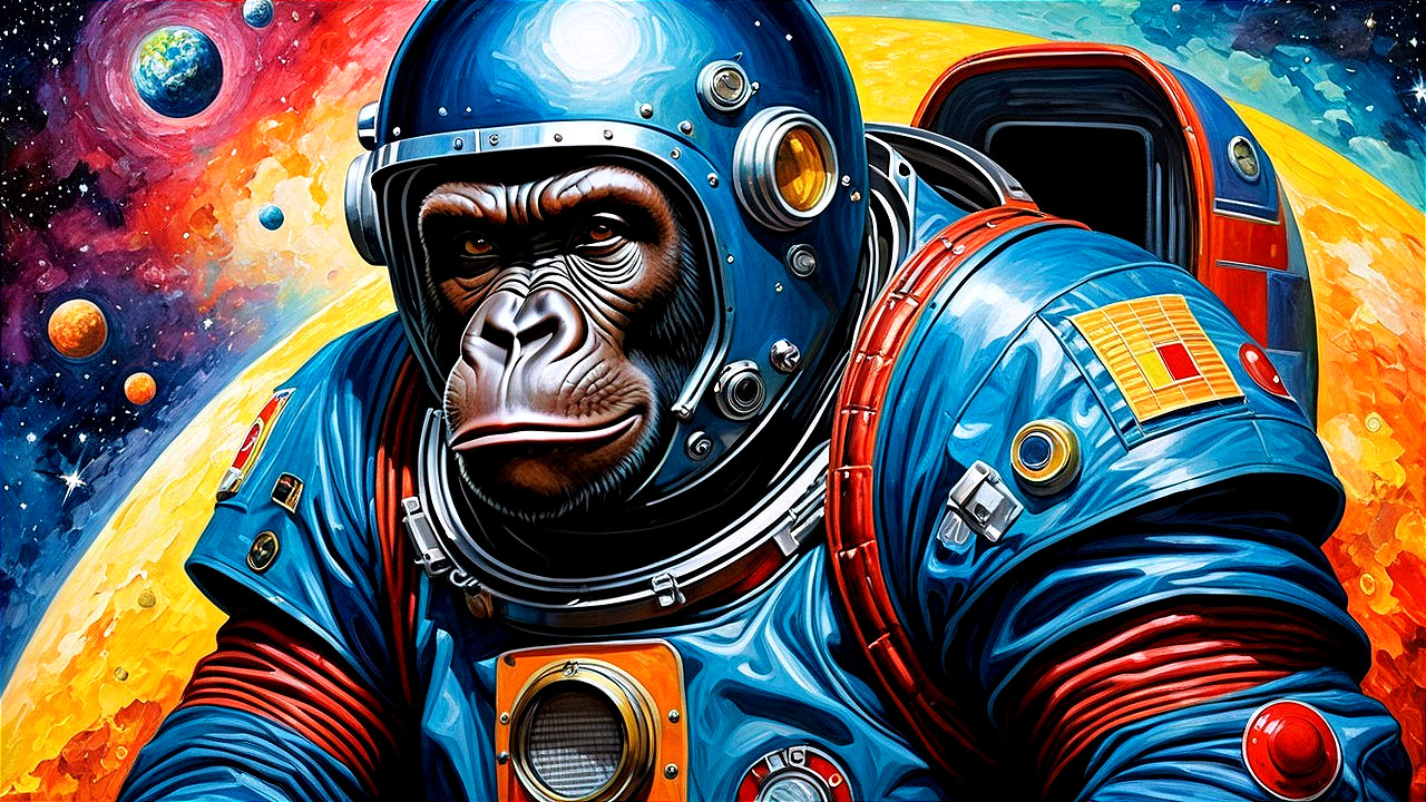 Gorilla in Space Suit Amid Cosmic Scene Illustration