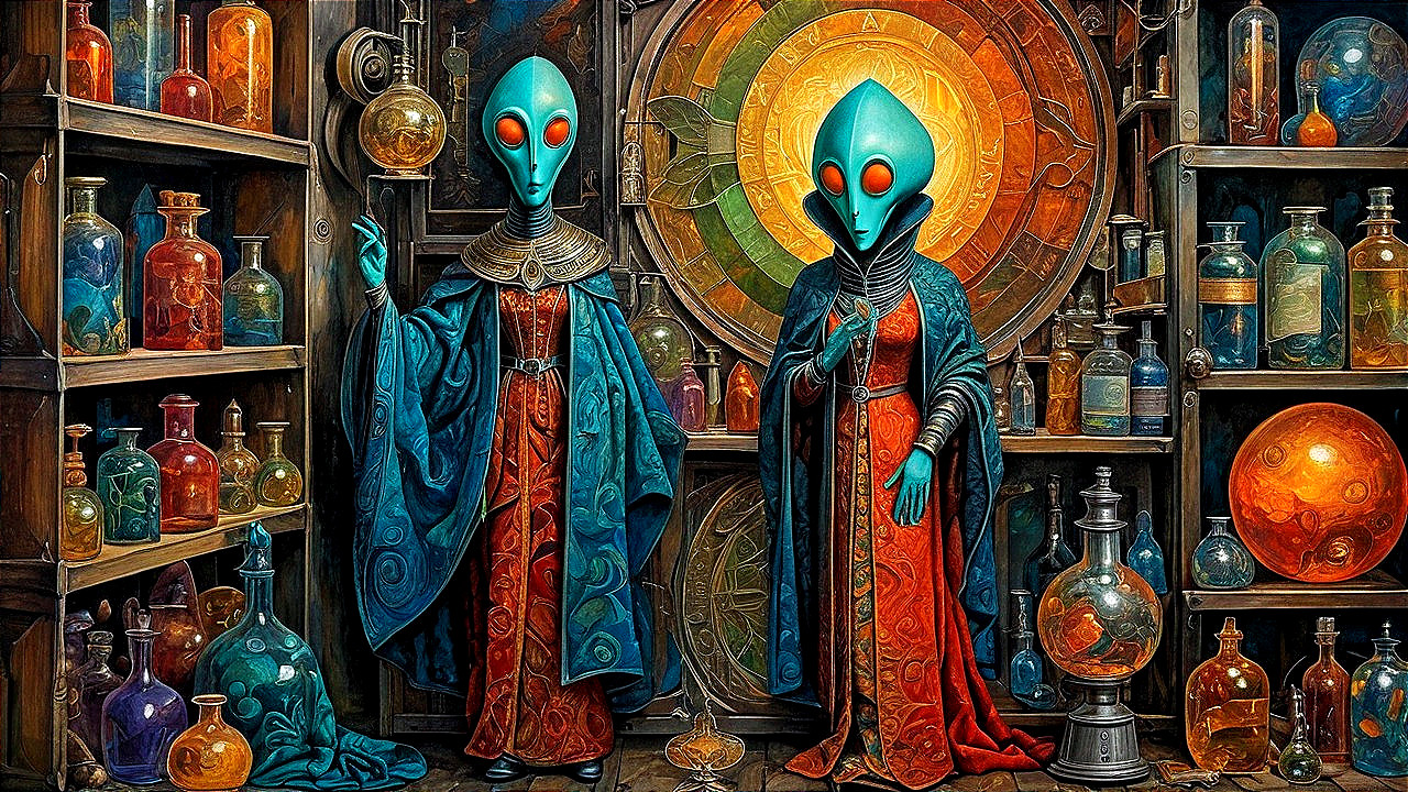 Aliens in a Potion-Filled Mystical Room Setting