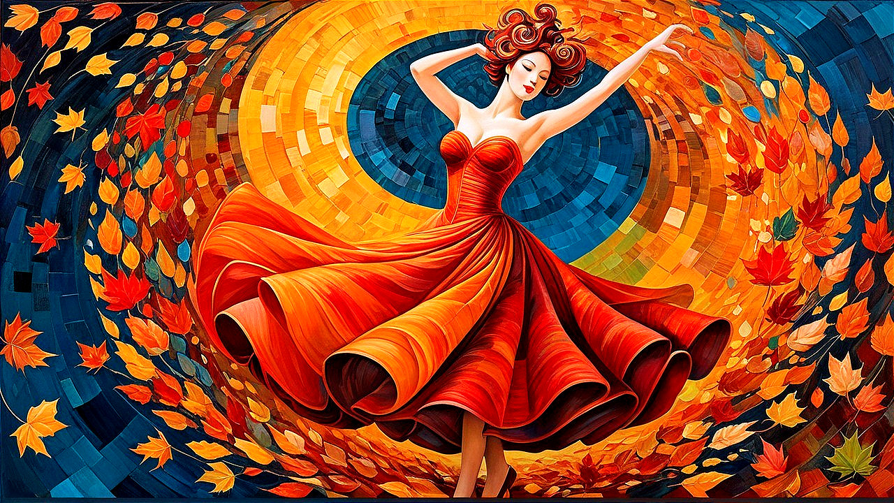 Vibrant Painting of Dancer in Red Dress and Autumn Background