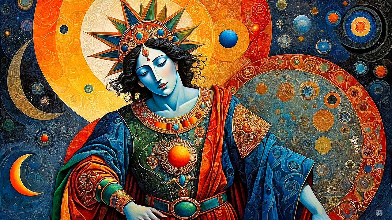 Celestial Figure in Vibrant Robes and Cosmic Motifs