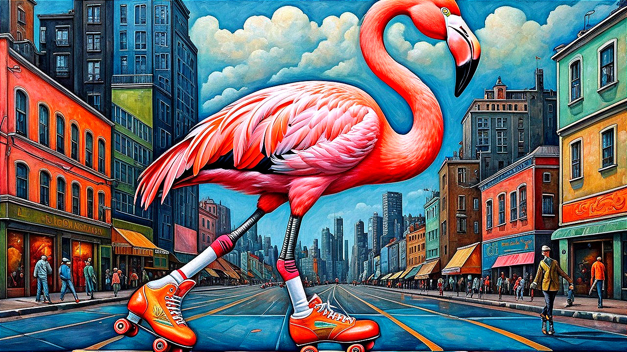 Surreal Street Scene with Pink Flamingo on Roller Skates