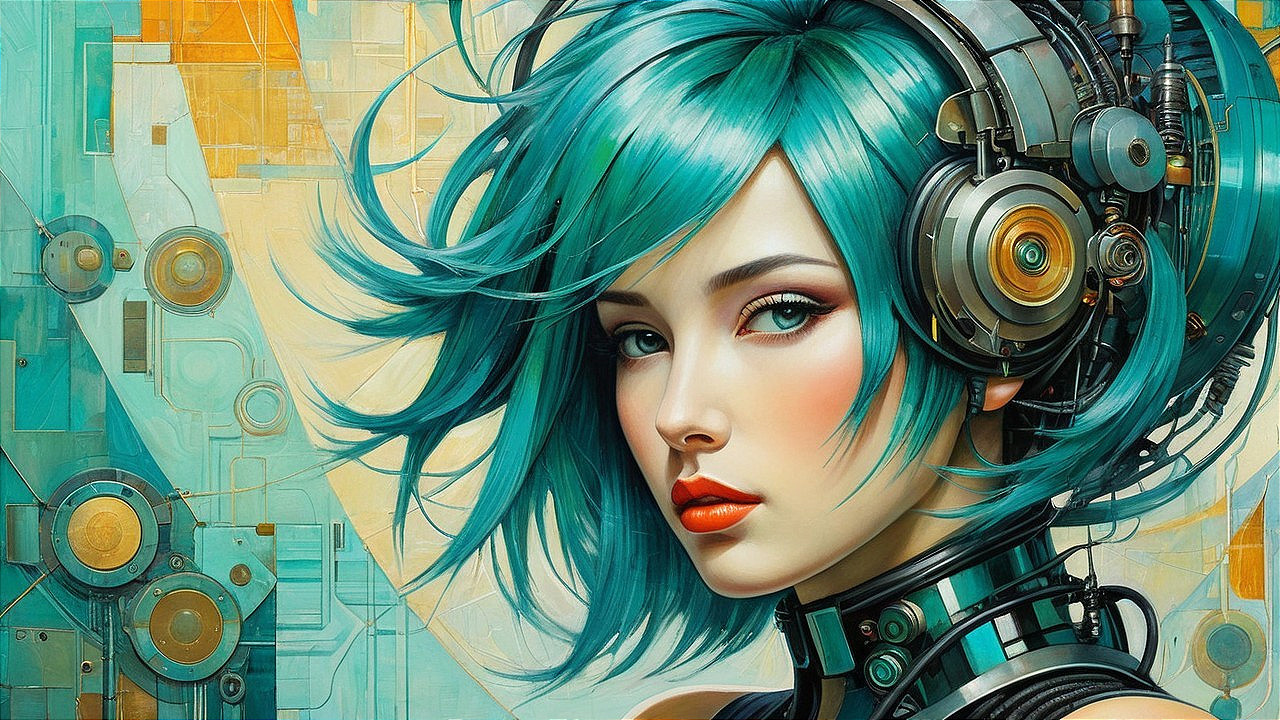 Female figure with teal hair and oversized headphones