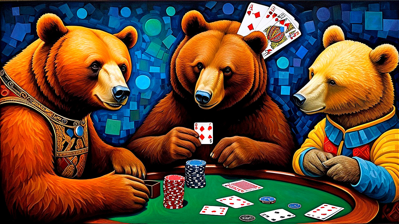 Three Bears Playing Poker at a Colorful Table