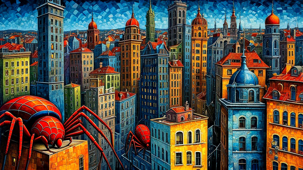 Surreal Cityscape with Vibrant Facades and Spiders