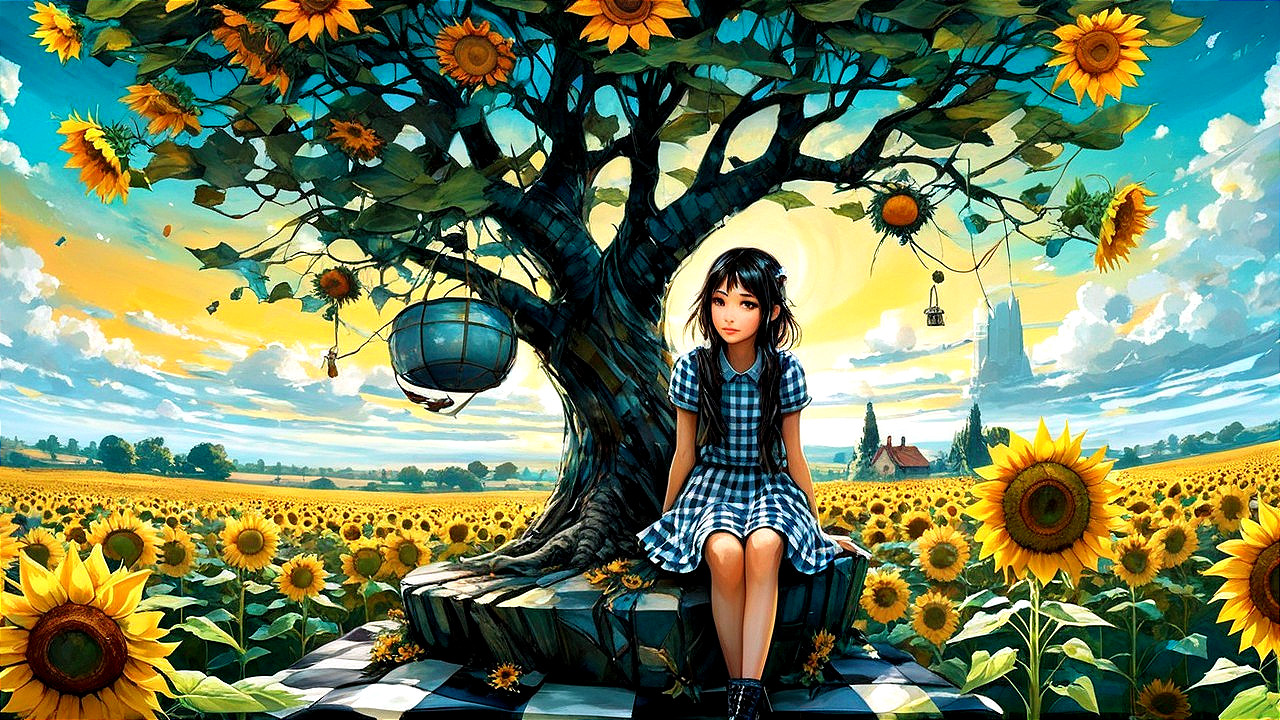 Young girl under tree with sunflowers in vibrant landscape
