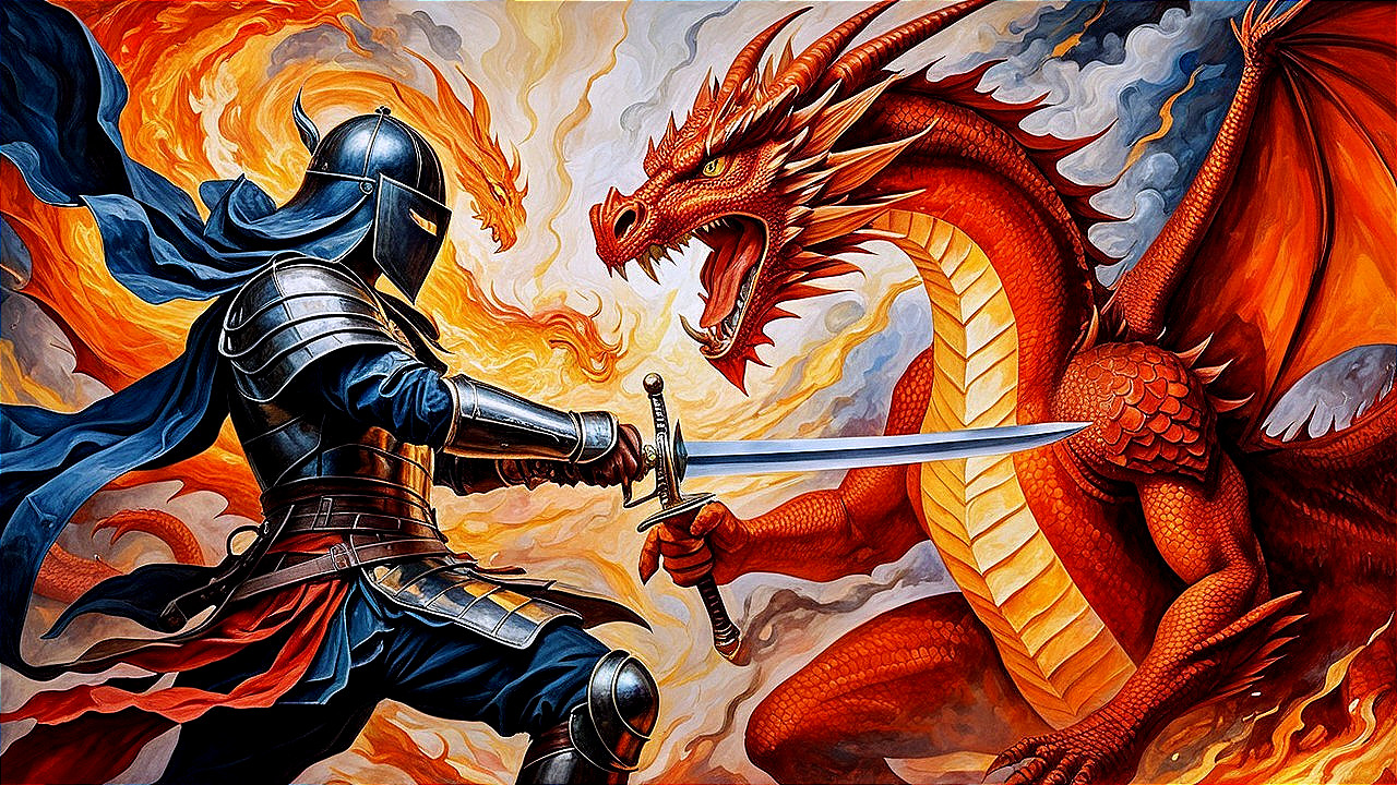 Knight Battles Red Dragon in Epic Confrontation