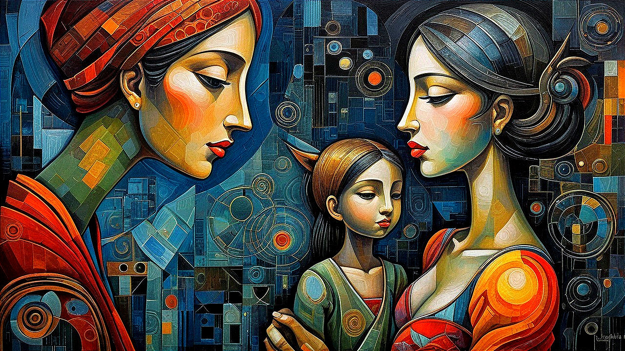 Three Stylized Women with Bold Colors and Shapes
