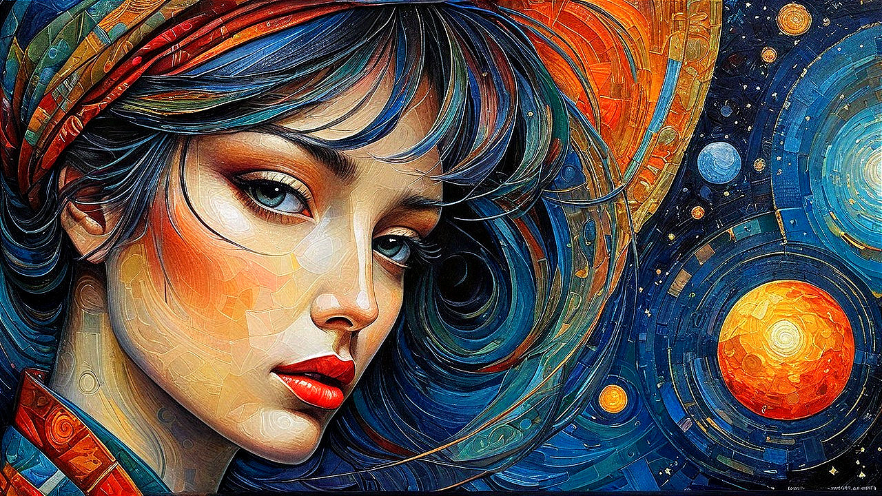 Female Figure Surrounded by Cosmic Patterns and Colors