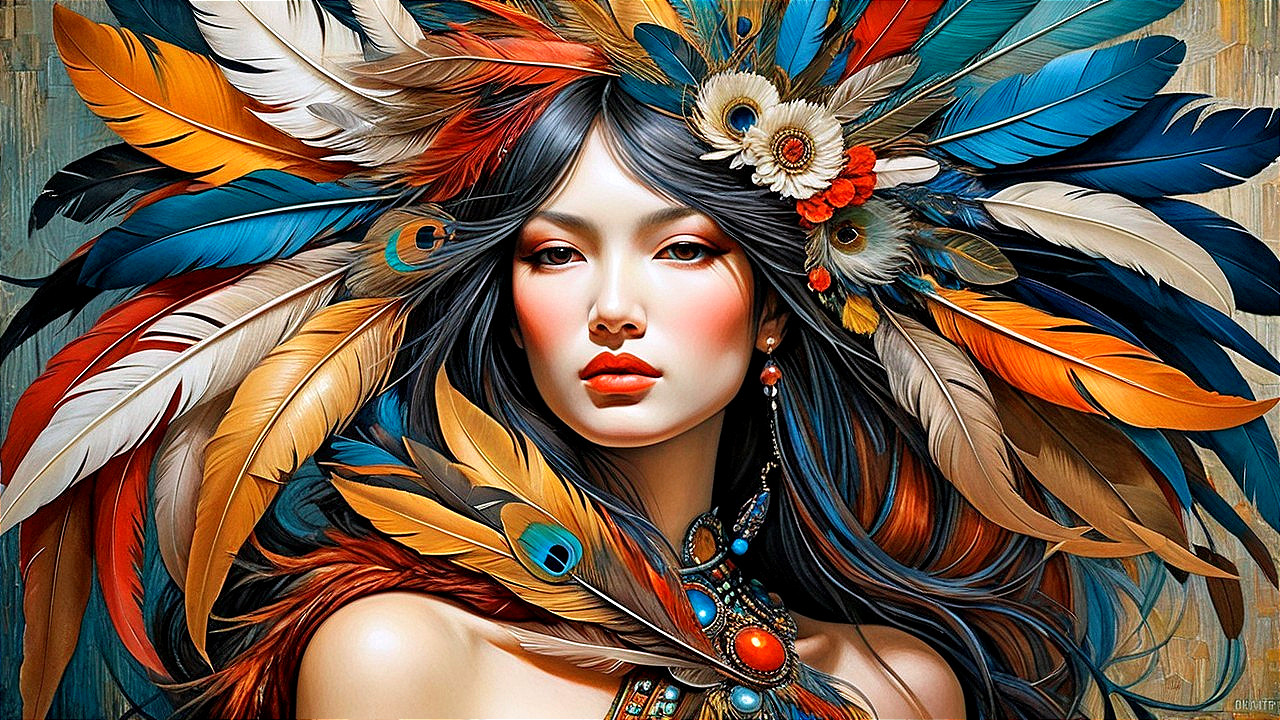 Woman with Colorful Feather Headdress and Serene Expression