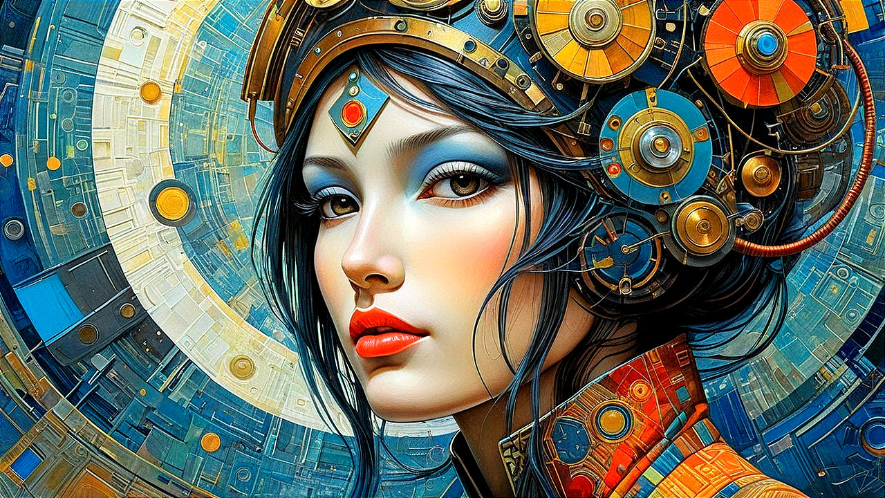 Woman with Intricate Gears and Vibrant Colors