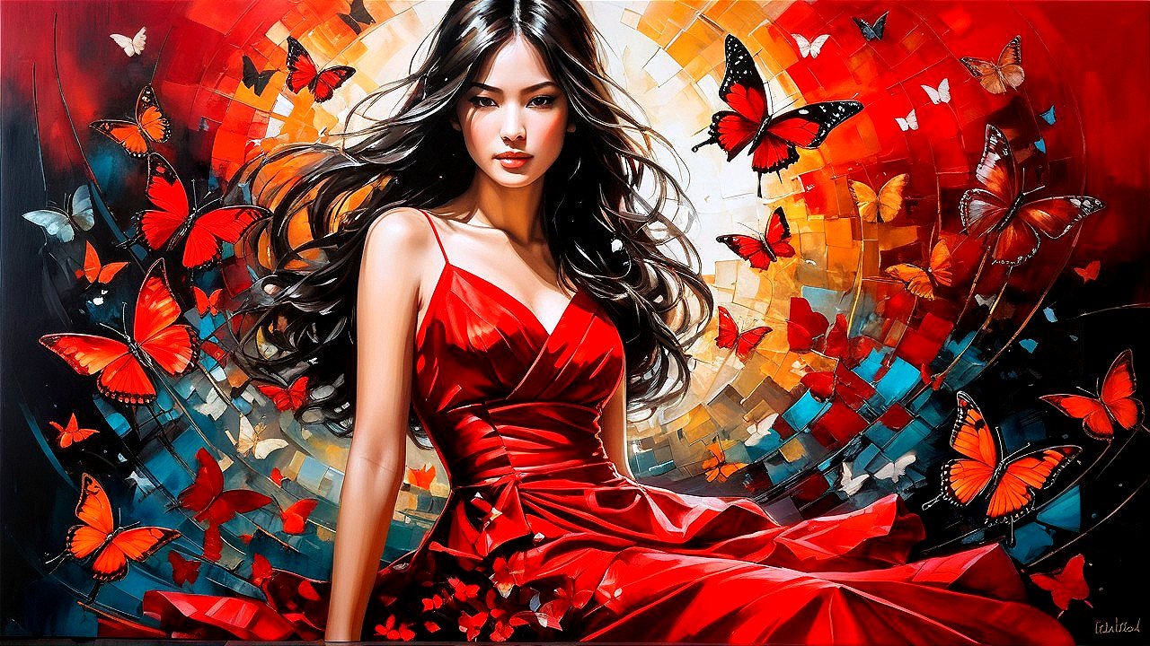 Woman in Red Dress with Colorful Butterflies