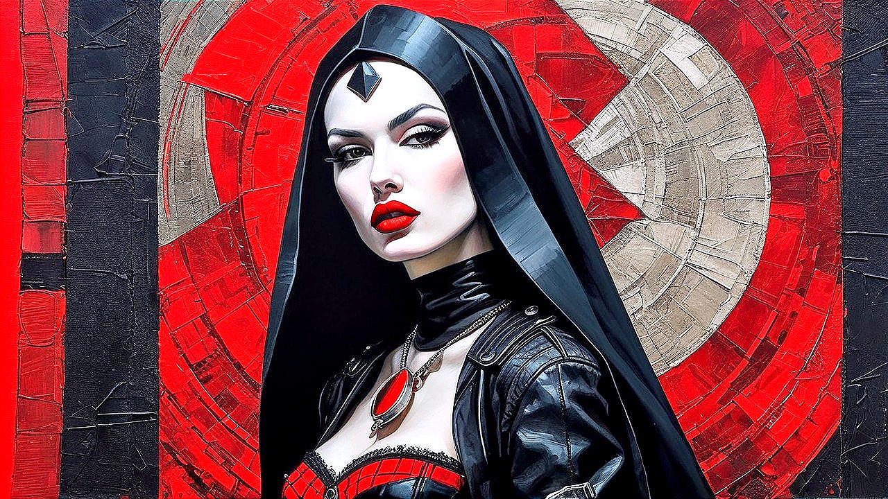 Gothic Art Depiction of Woman in Black and Red Attire