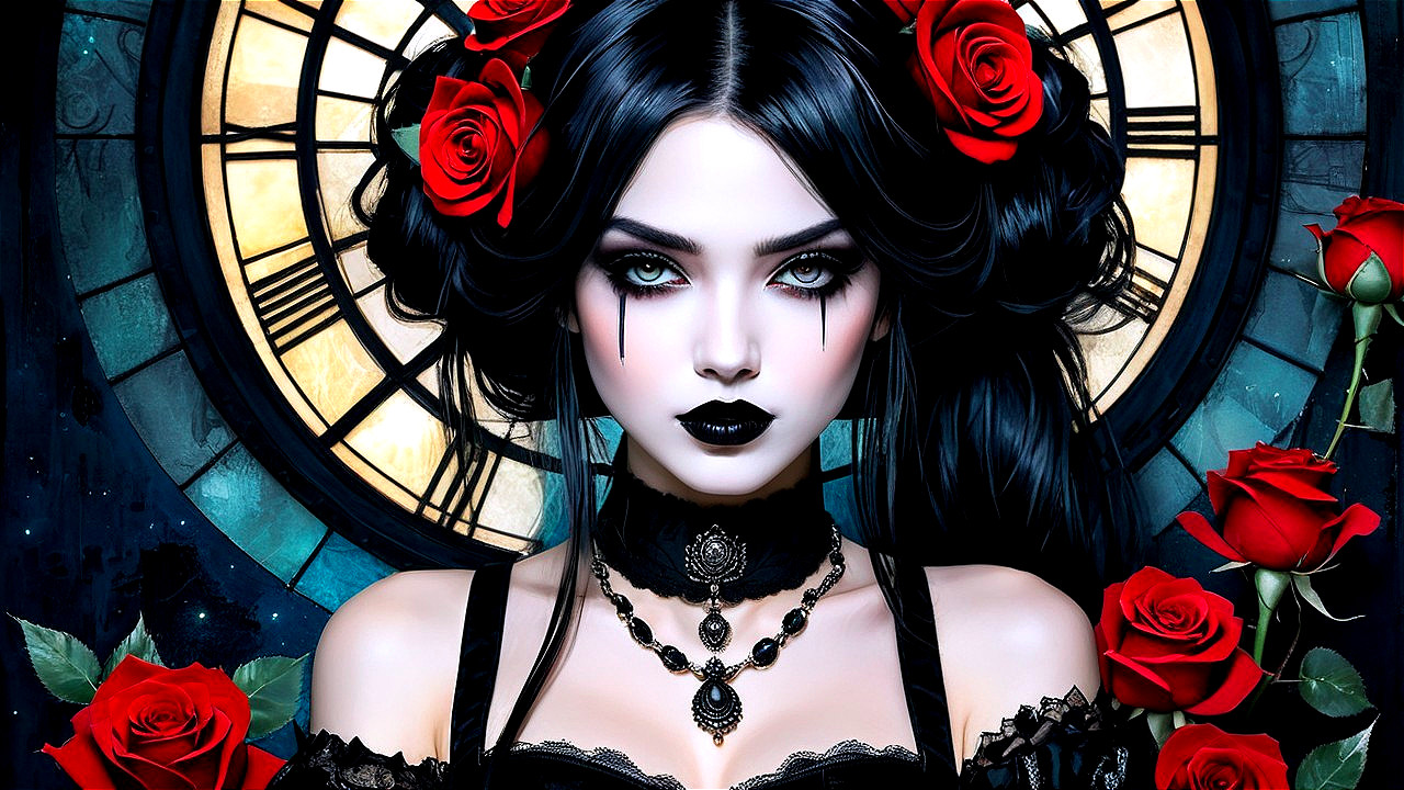 Gothic Woman with Roses and Intricate Clock Background