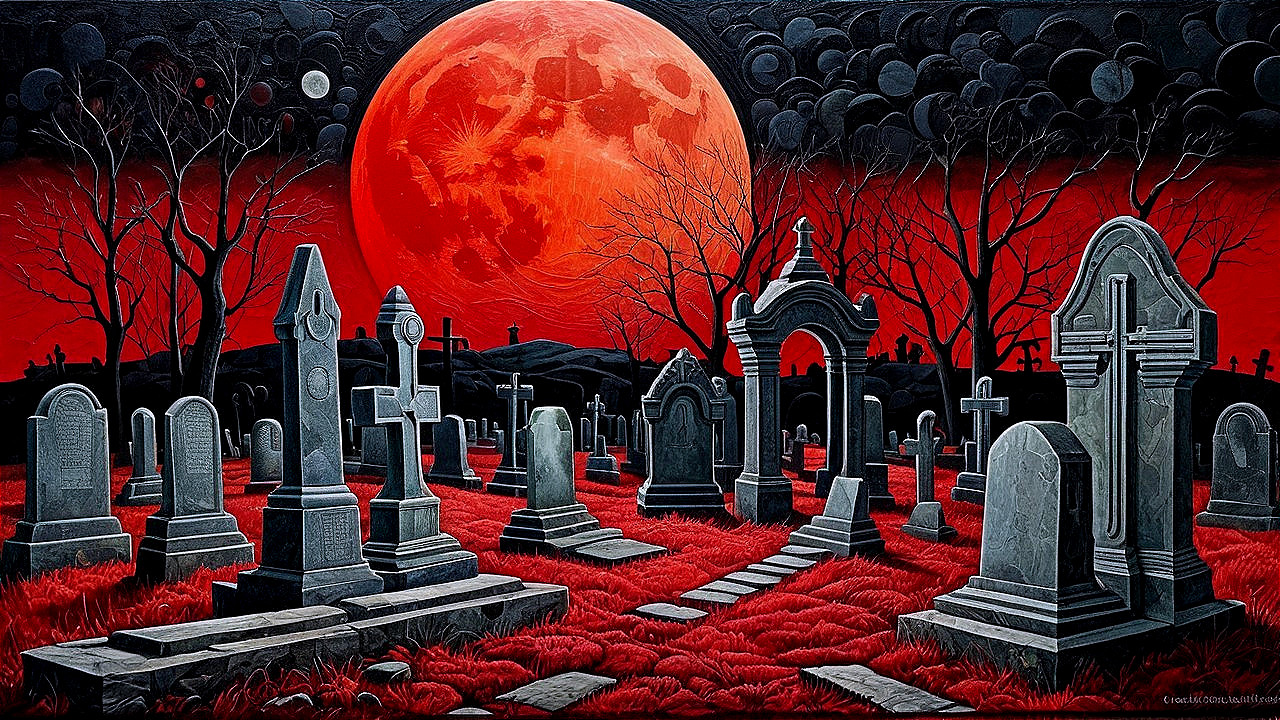Graveyard Scene Under a Crimson Moon and Dark Trees