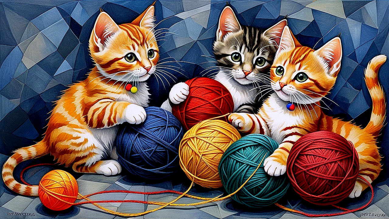Playful Kittens with Colorful Yarn Balls and Collars