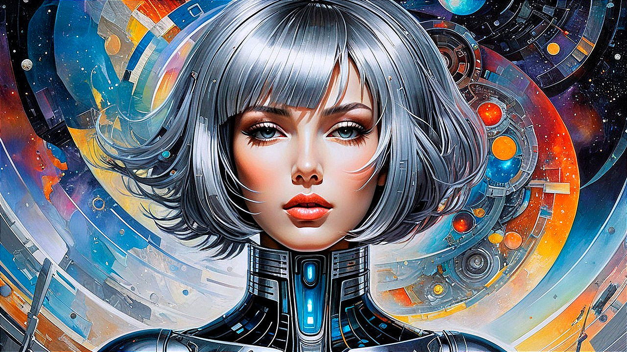 Futuristic Cyborg Woman in Cosmic Digital Artwork