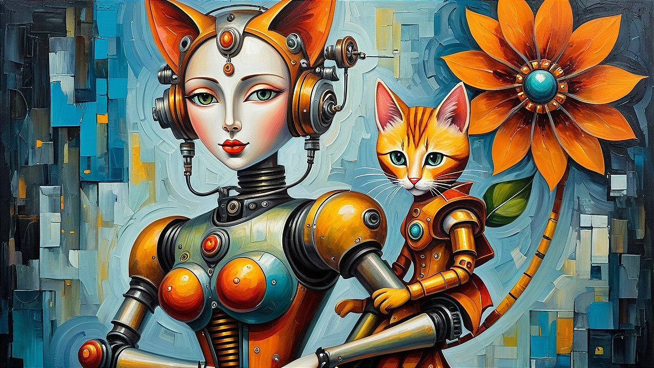 Futuristic Robot and Kitten Surrounded by Geometric Flowers