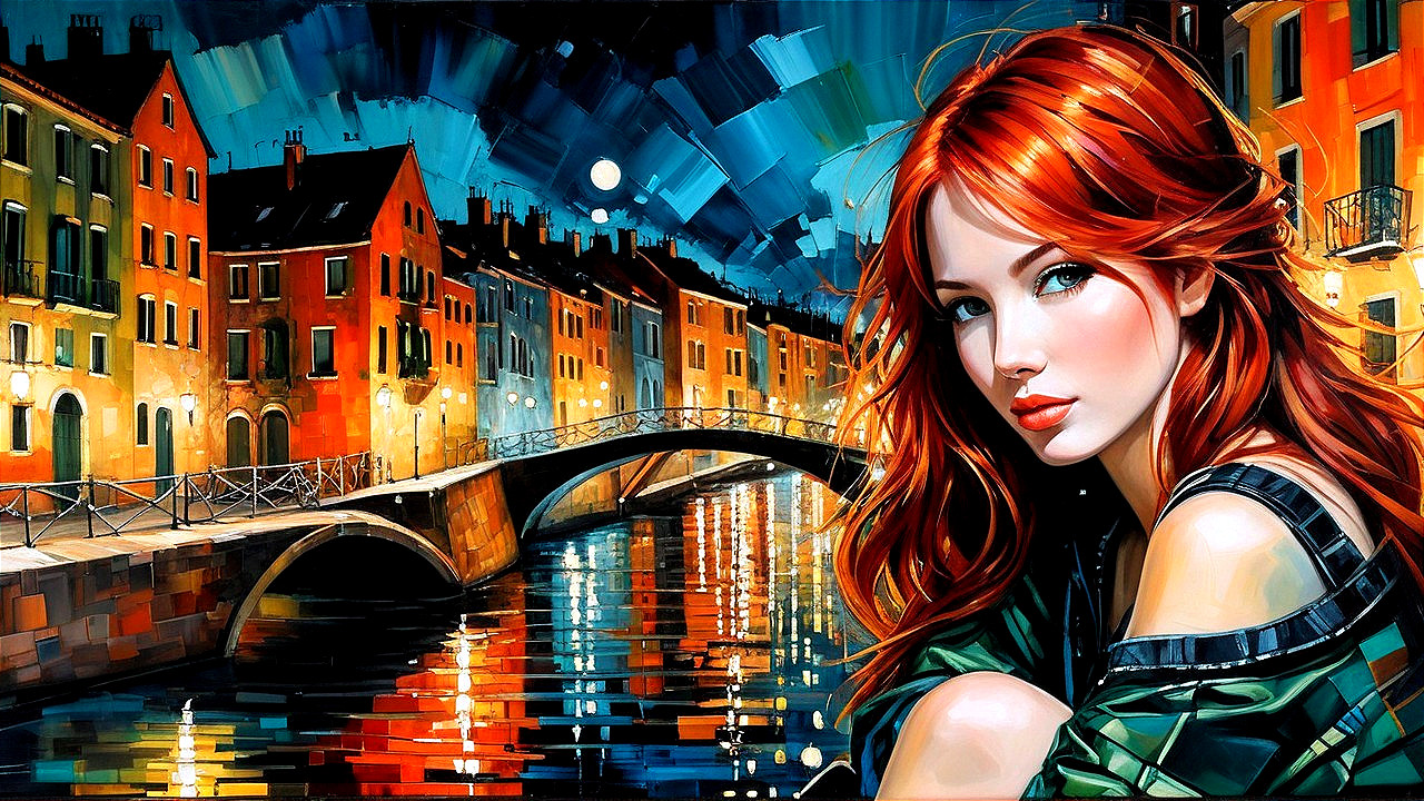Vibrant Night Cityscape with Colorful Buildings and Canal