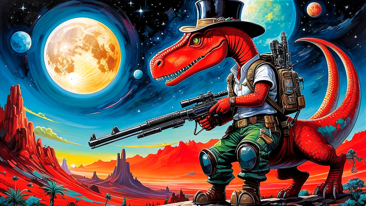 Surreal Cartoon T-Rex in Cosmic Desert Landscape