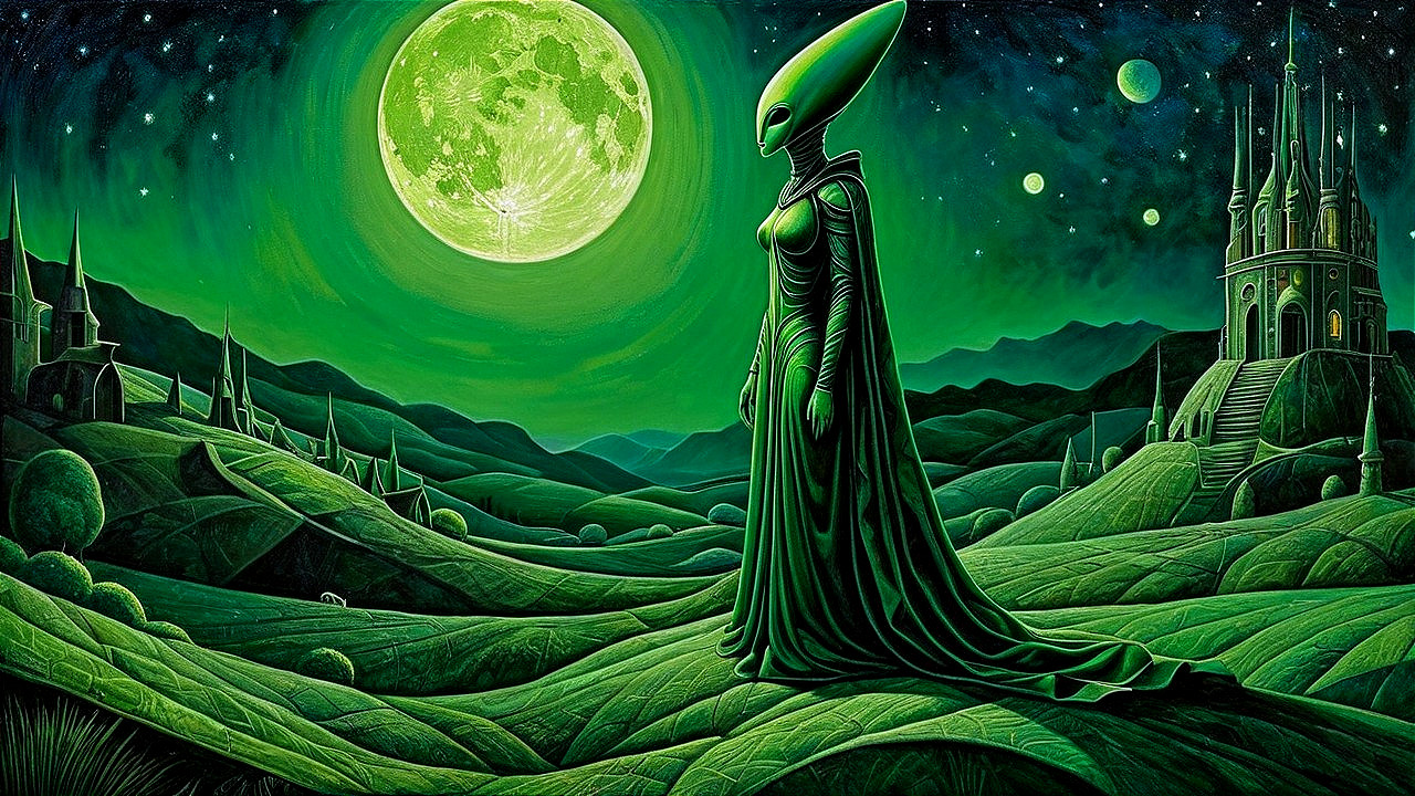 Alien Figure in Vibrant Green Landscape with Castles