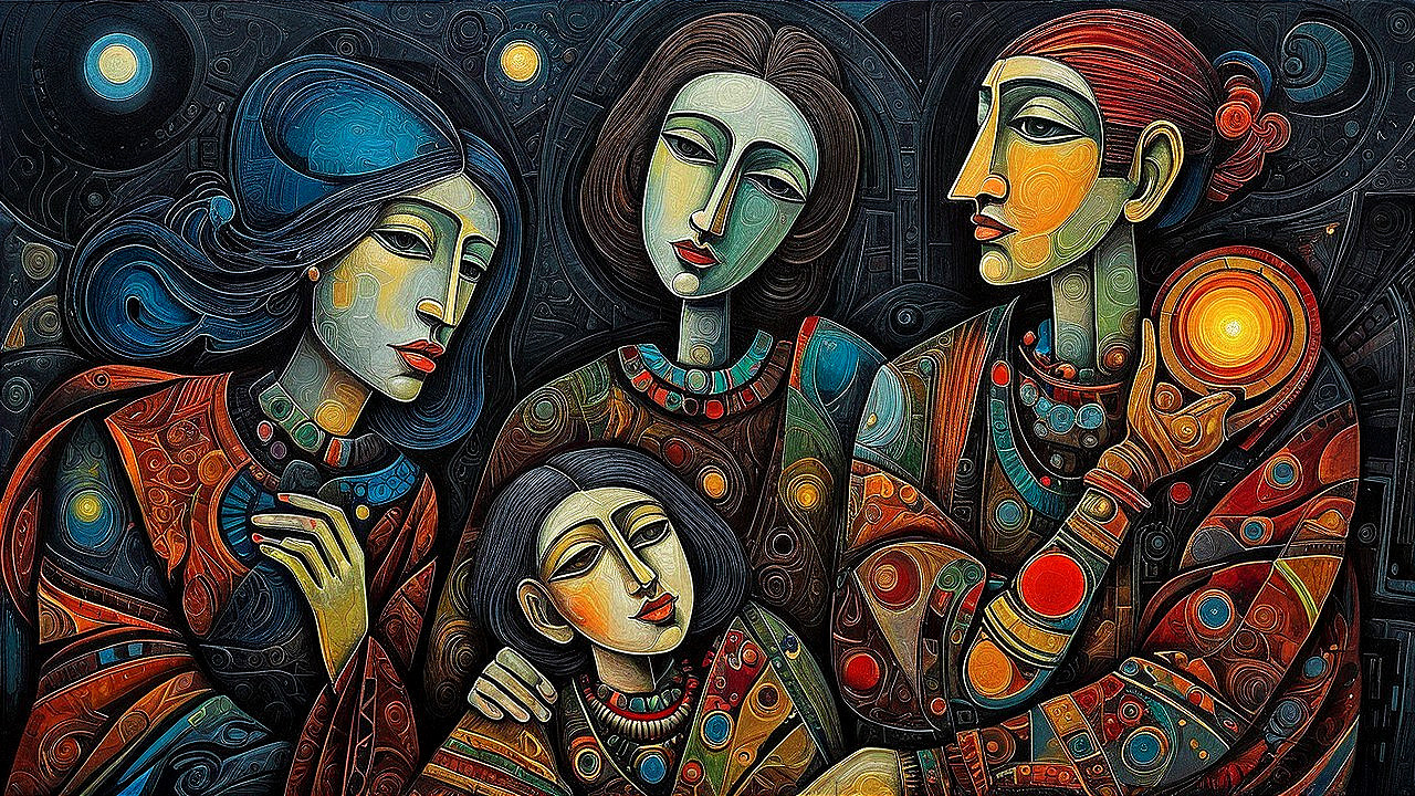 Abstract Painting of Four Women in Bold Colors