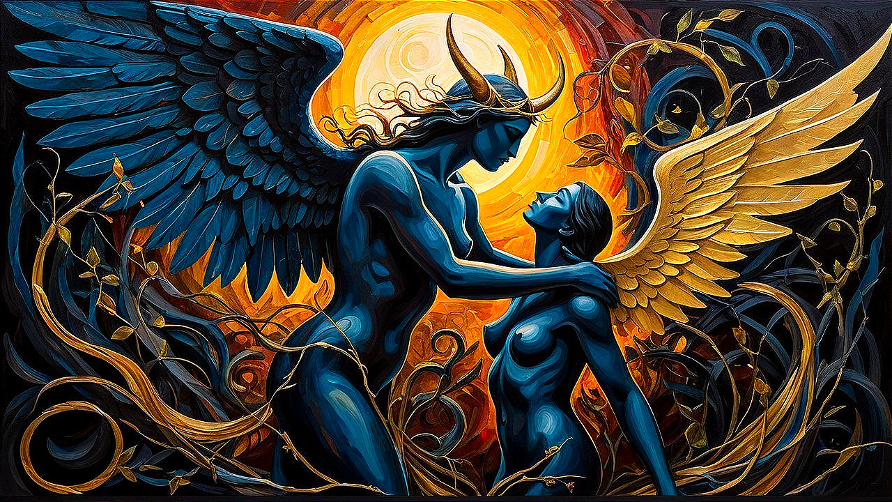 Ethereal Figures Embraced Amidst Vibrant Background