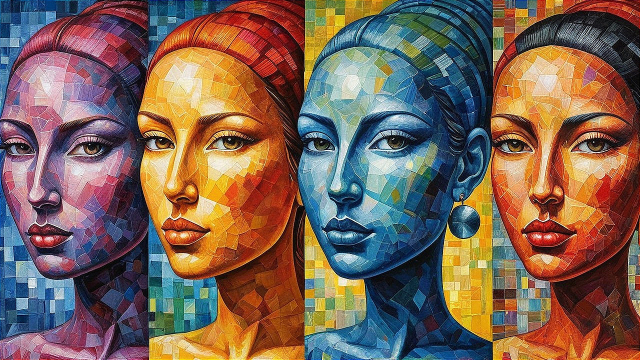 Vibrant Artwork with Four Colorful Portraits of a Woman