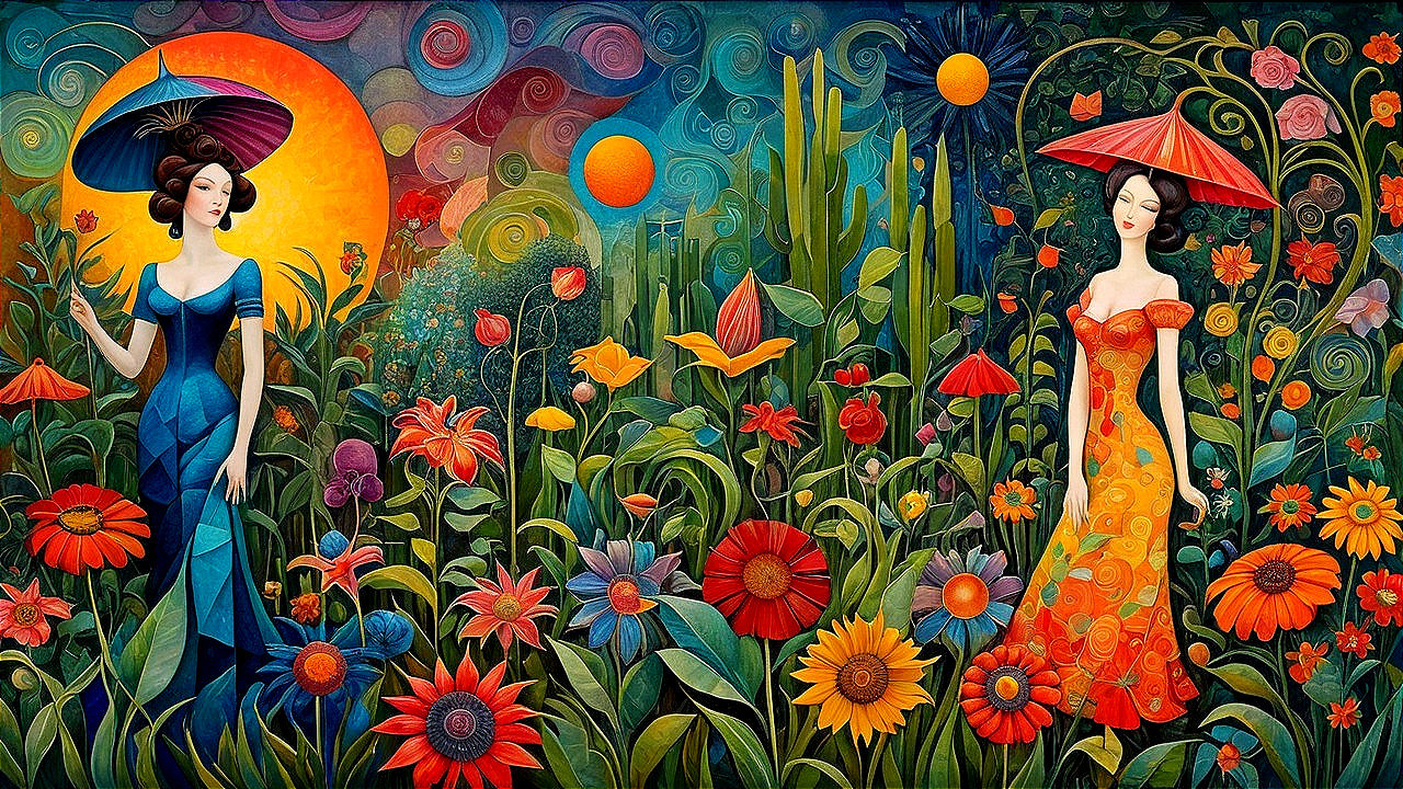 Women in Colorful Dresses in Flower Garden Scene