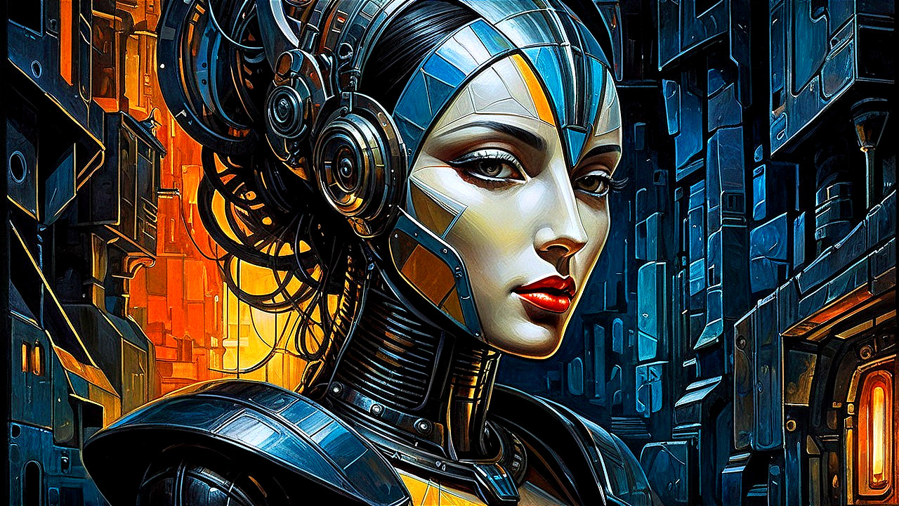 Futuristic Female Cyborg Figure with Metallic Design