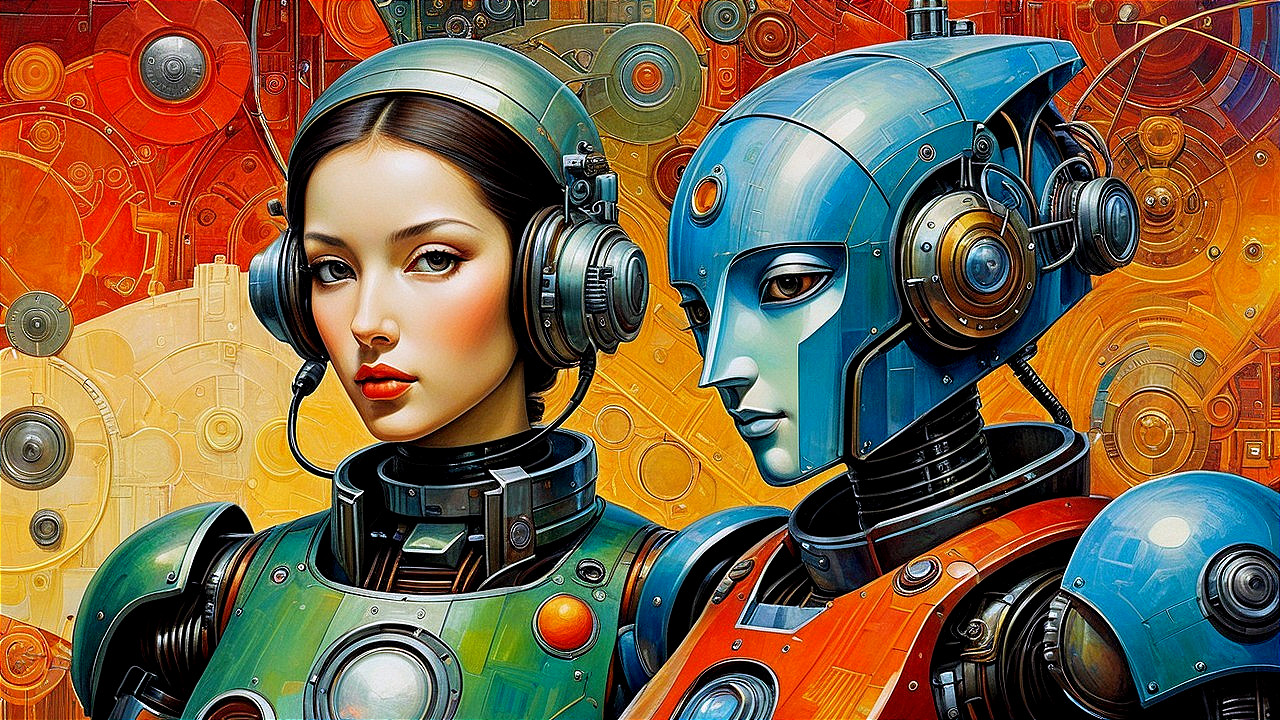 Futuristic Cyborg and Human Blend in Vibrant Colors