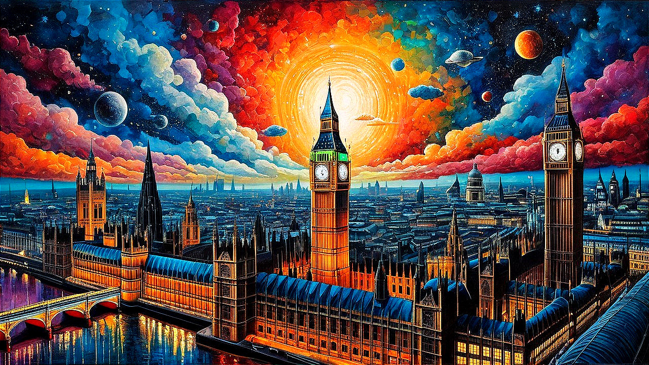 Surreal London Skyline at Dusk with Big Ben and Parliament