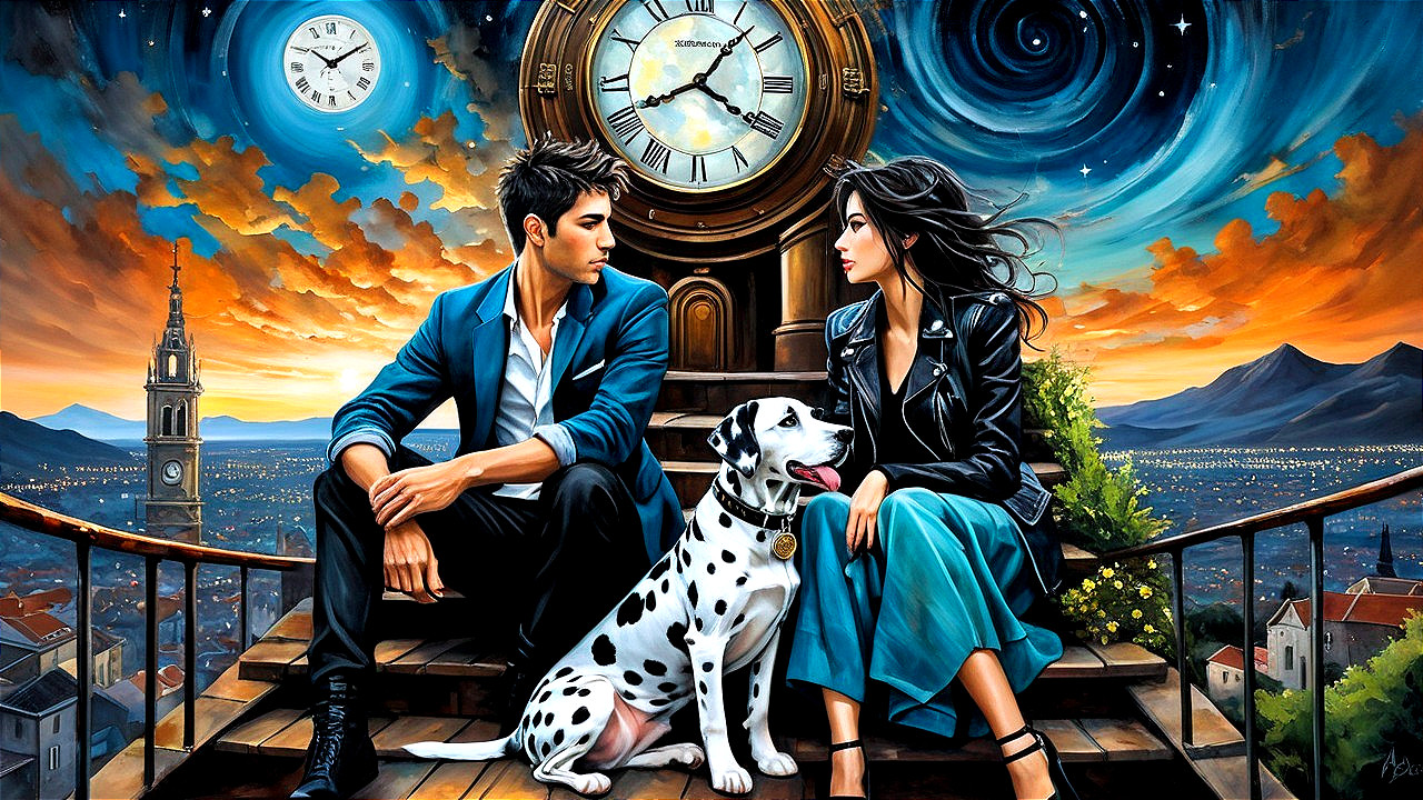 Couple Sitting on Steps at Sunset with Dalmatian