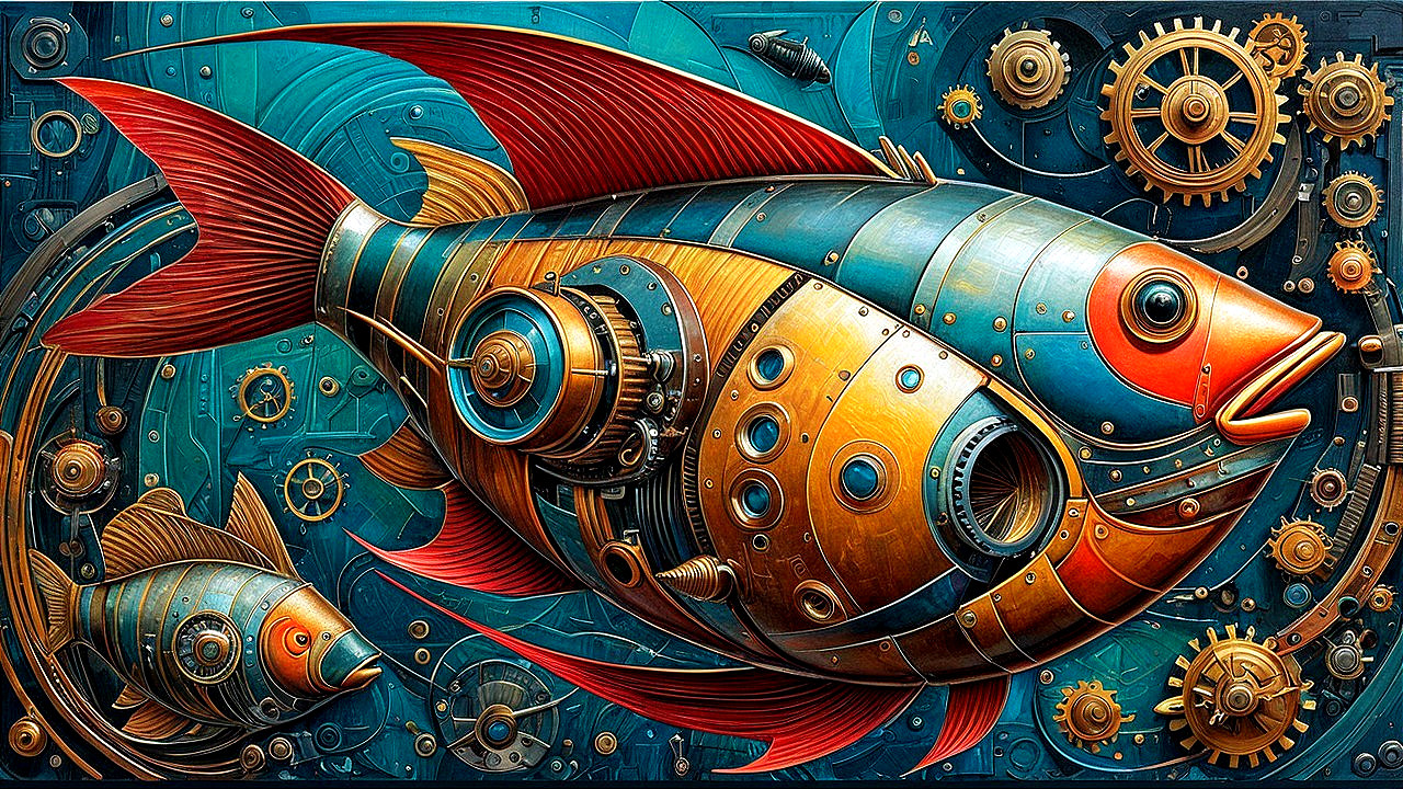 Mechanical Fish in a Steampunk Ocean Scene