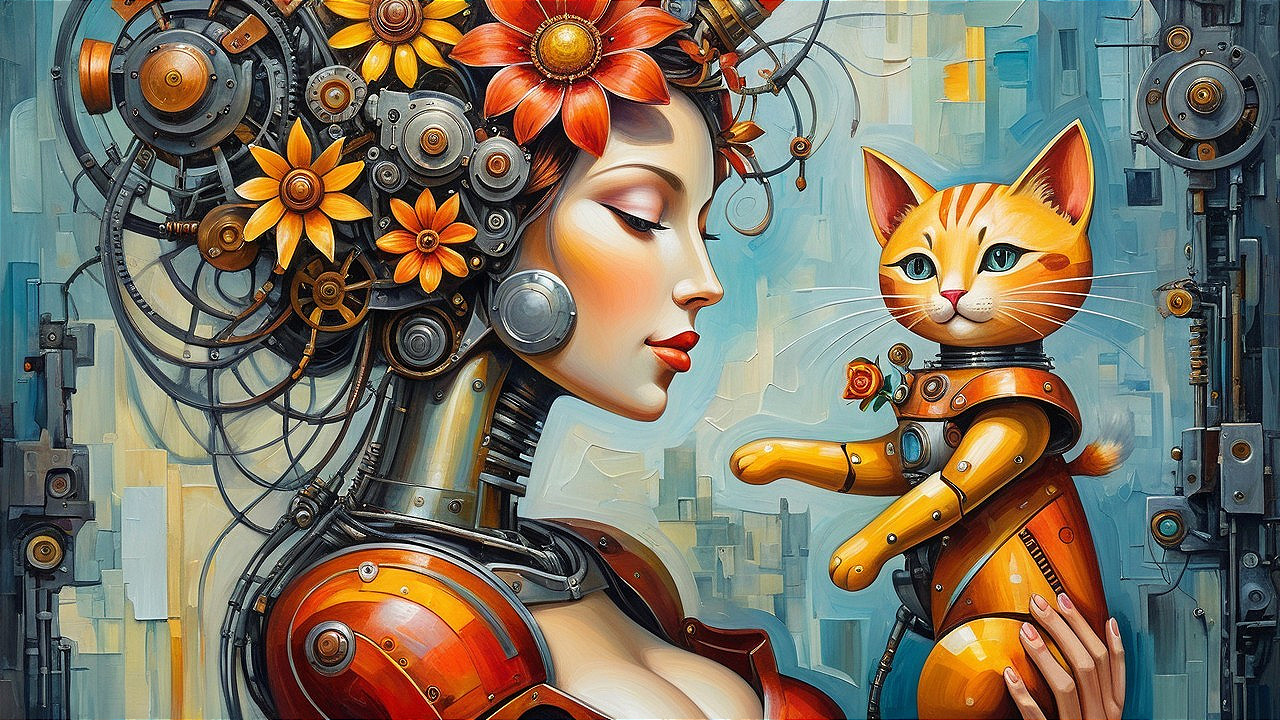 Futuristic Woman with Metallic Features and Flowers