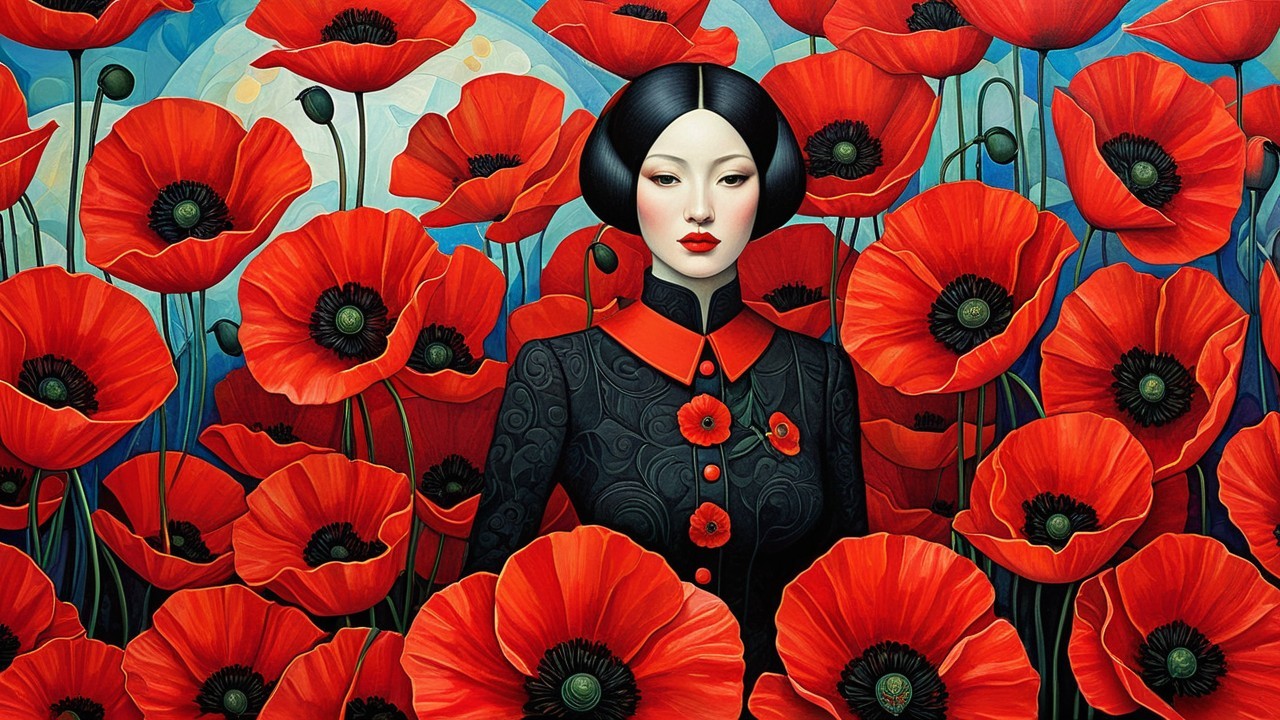 Serene Woman in Traditional Attire Among Red Poppies