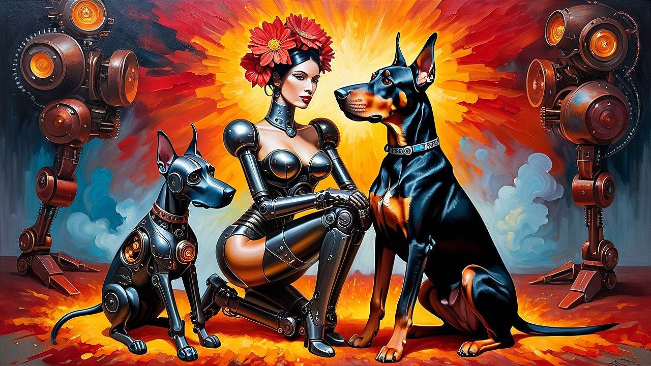 Futuristic Scene of Robotic Woman with Dogs and Flowers