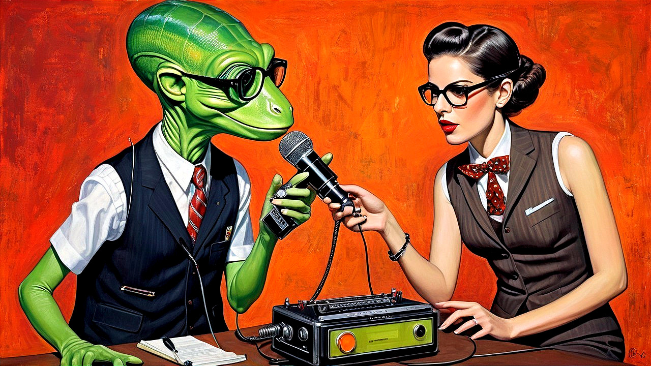 Whimsical Alien Interview Scene with Stylish Woman
