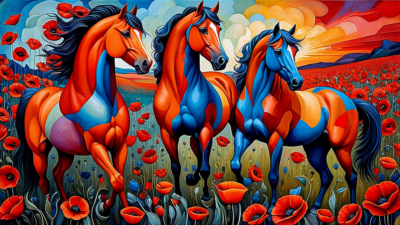 Horses in Abstract Style Amidst Poppy Field at Sunset
