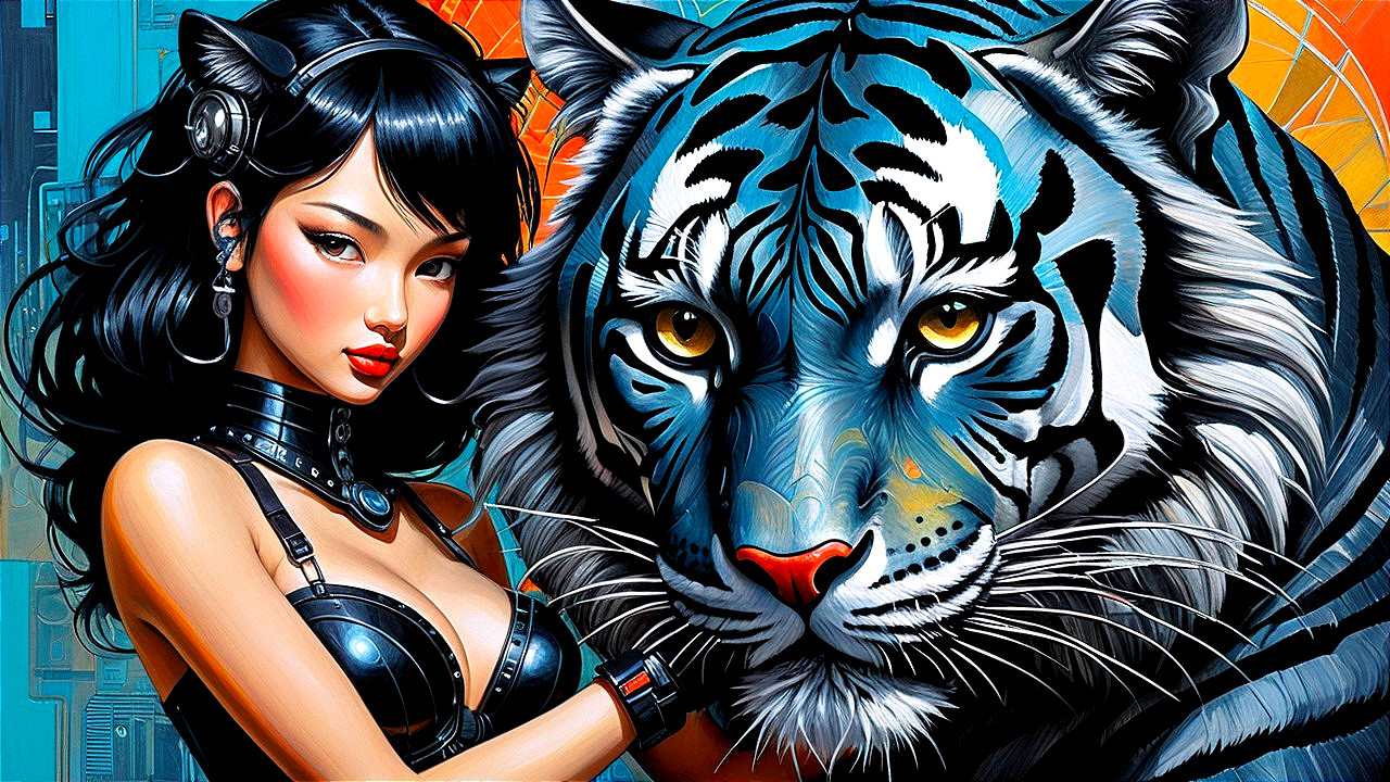 Futuristic Woman and Majestic Tiger in Colorful Scene