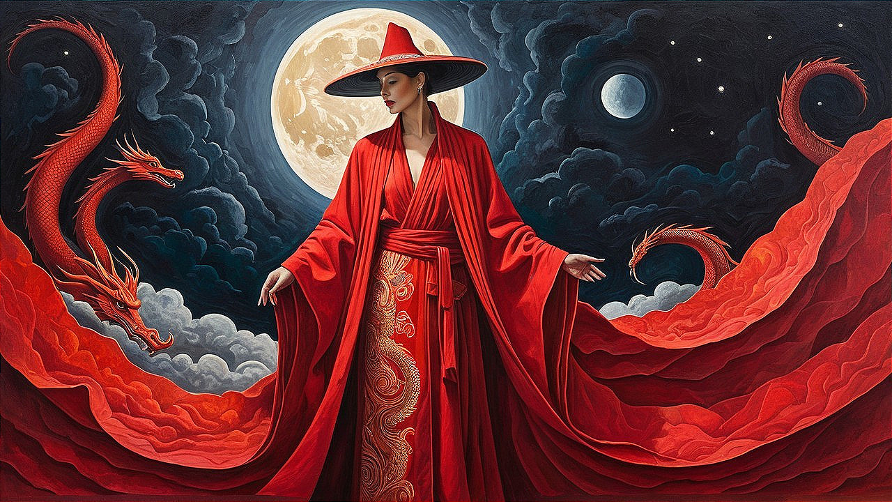 Woman in Red Robe Before Full Moon with Dragons