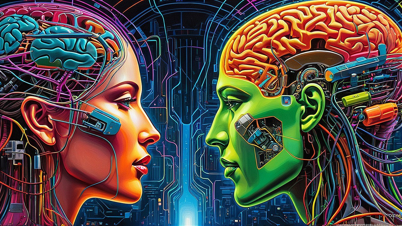 Futuristic Scene of Human and Robotic Faces in Profile