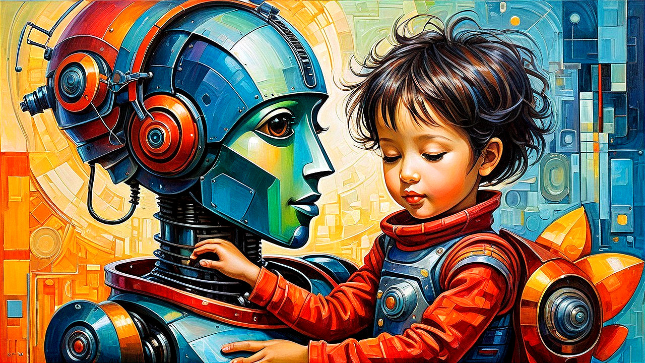 Futuristic scene of a girl interacting with a robot