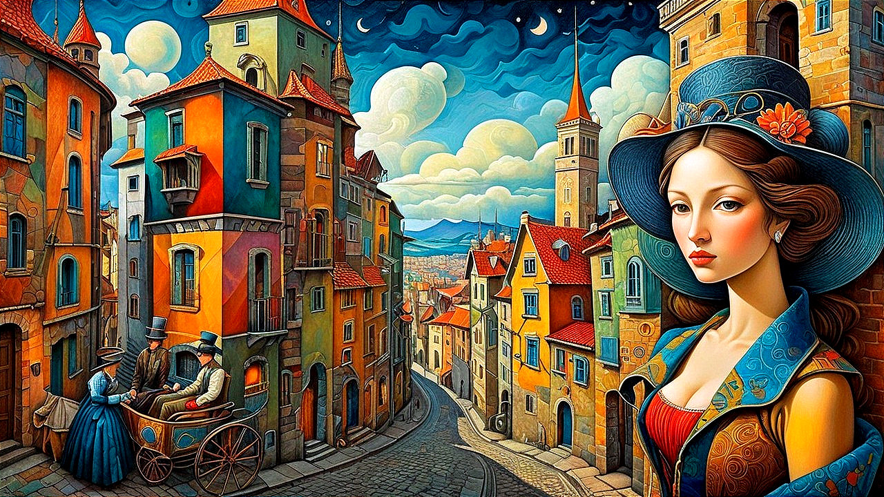 Surreal Town with Colorful Houses and Whimsical Sky